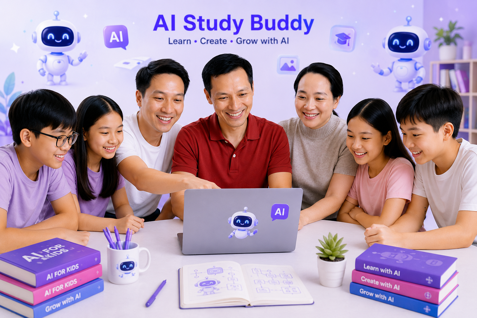Các con đang học AI cùng laptop